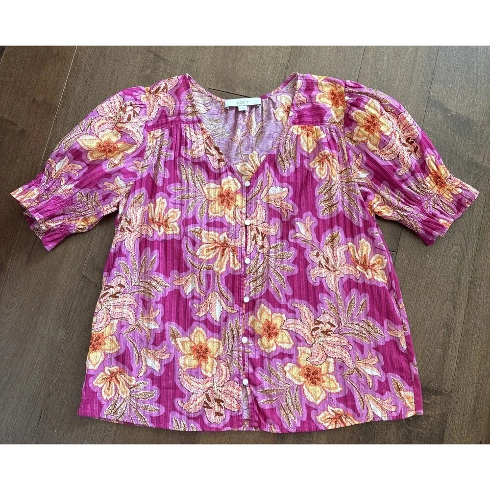 LOFT Floral Button-Front Top Womens S V-Neck Puff Sleeve Cotton